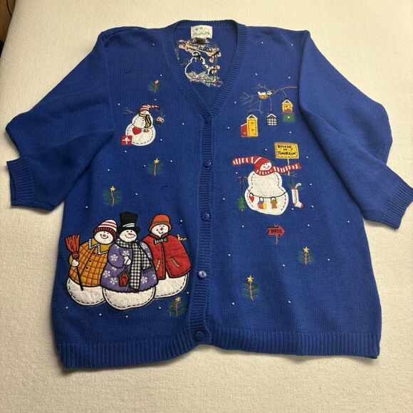 Vintage Quaker Factory Christmas Sweater Knit Beaded Cardigan Snowman Blue SZ 2X - Picture 1 of 7